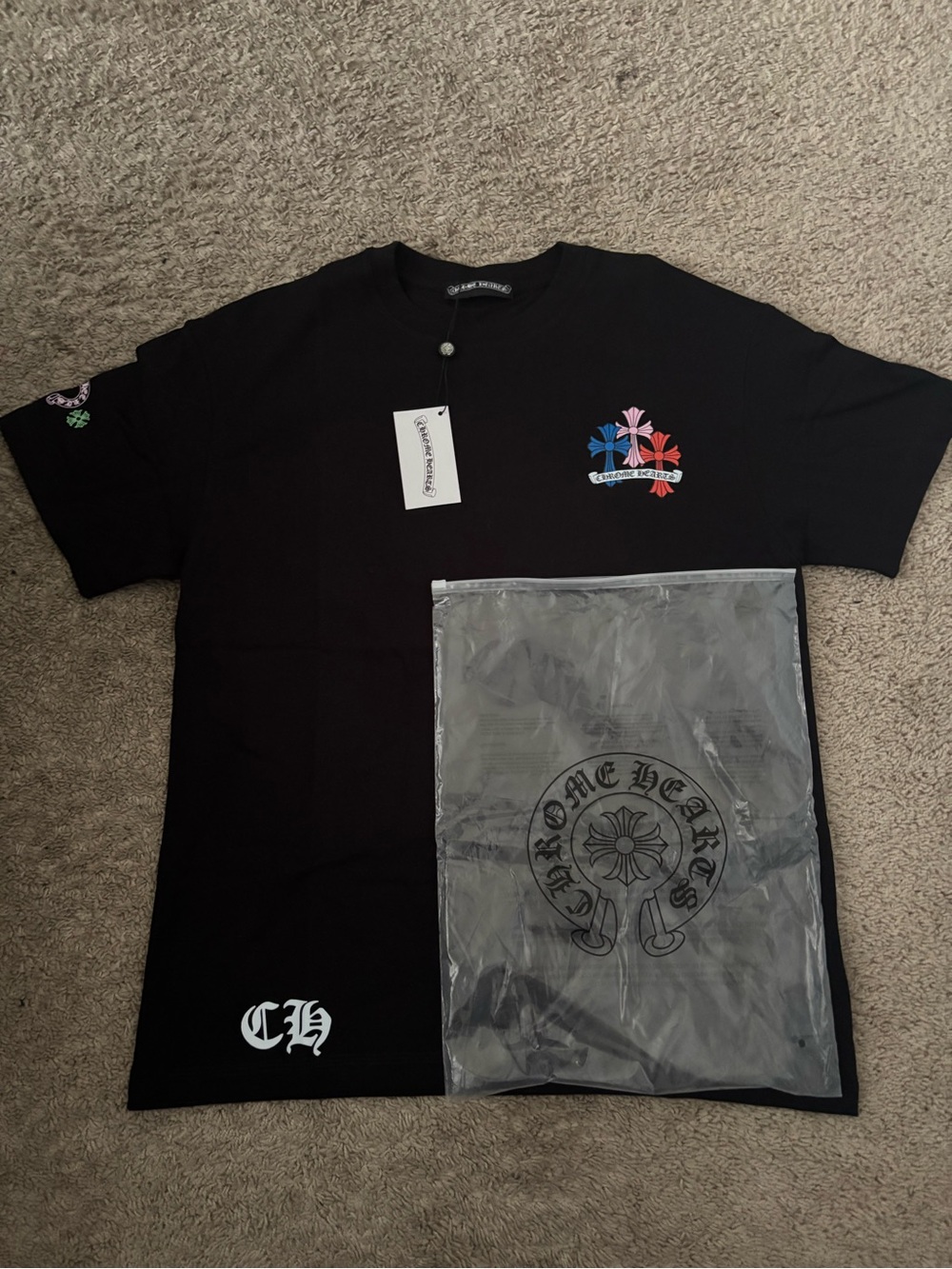Chrome Hearts Black Tee with Red, Blue & Pink Cross Motif